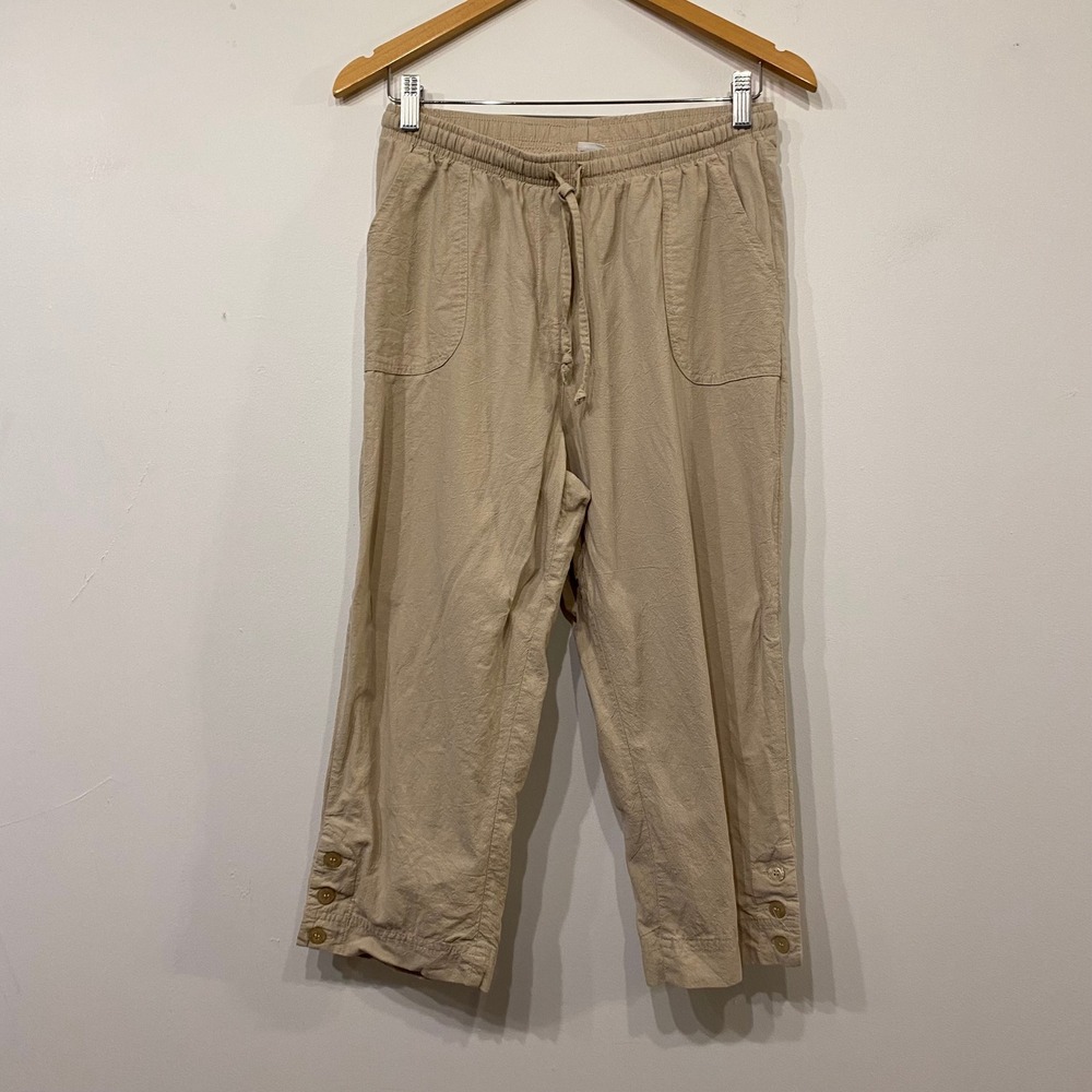 Cathy Daniels Tan Cotton Crop Pants Elastic Waist Button Hem Khaki M